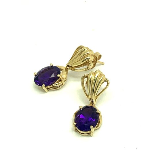 14k Yellow Gold Oval Purple Gemstone Women's Dangle Earrings Estate Jewelry - Picture 4 of 14